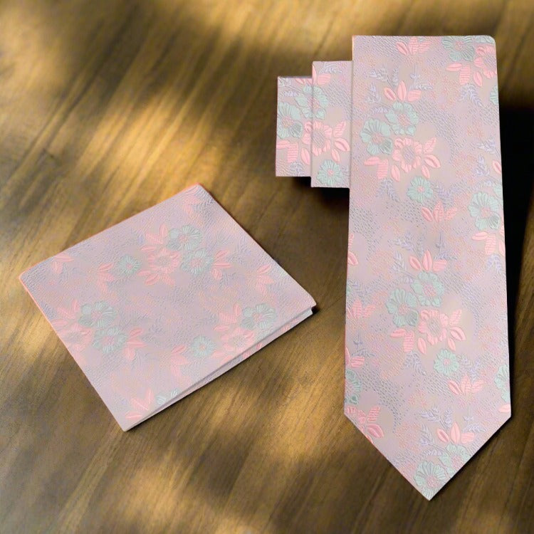 Alt View: Pink/Mint Floral Tie and Pocket Square