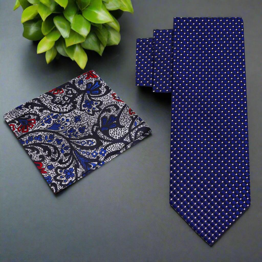 Alt View: A Dark Blue Small Geometric Diamond With Small Dots Pattern Necktie With Silver, Blue, Red Pocket Square