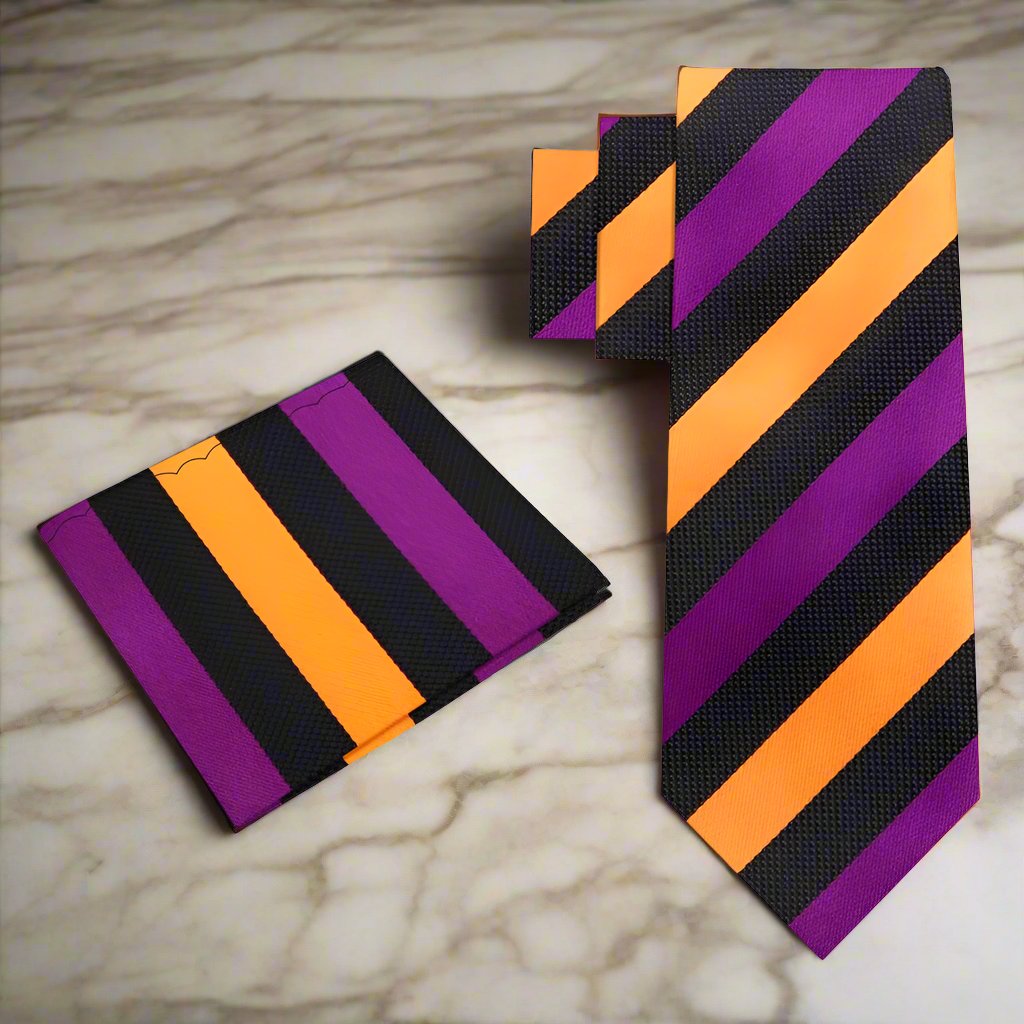 Alt View; Black, Purple, Marigold Stripe Tie and Pocket Square