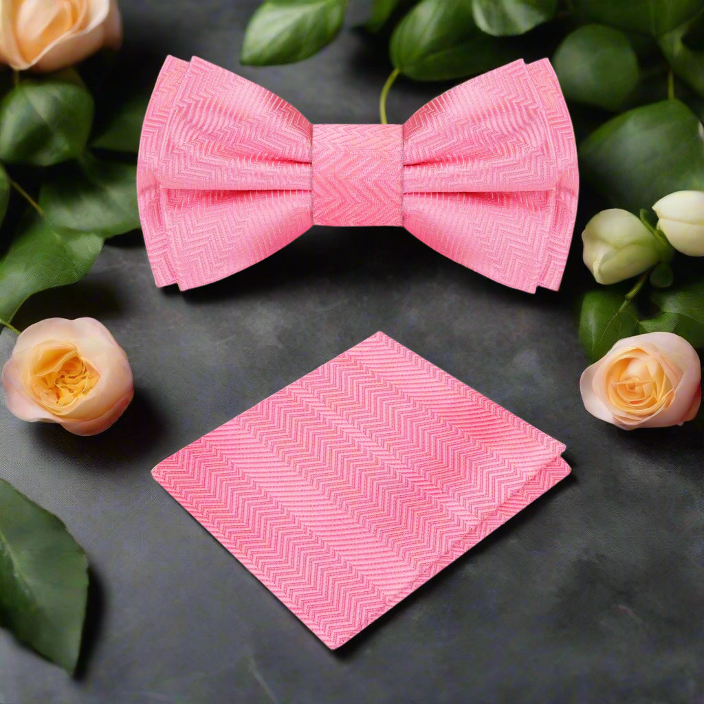 A Light Pink Solid Pattern Self Tie Bow Tie, Matching Pocket Square