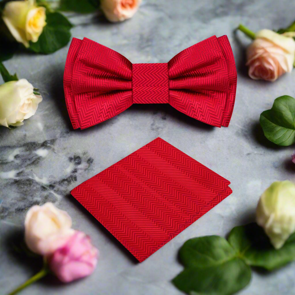 A Real Red Solid Pattern Self Tie Bow Tie, Matching Pocket Square||Real Red