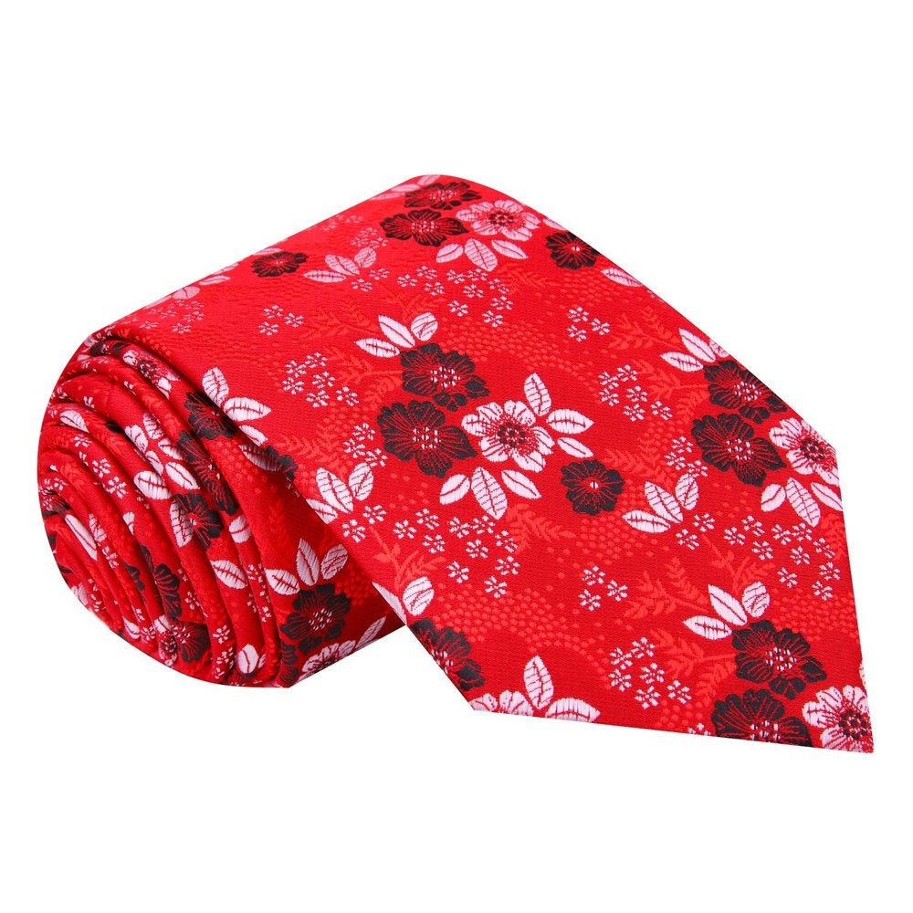 A Red, Dark Red And White Floral Pattern Necktie  