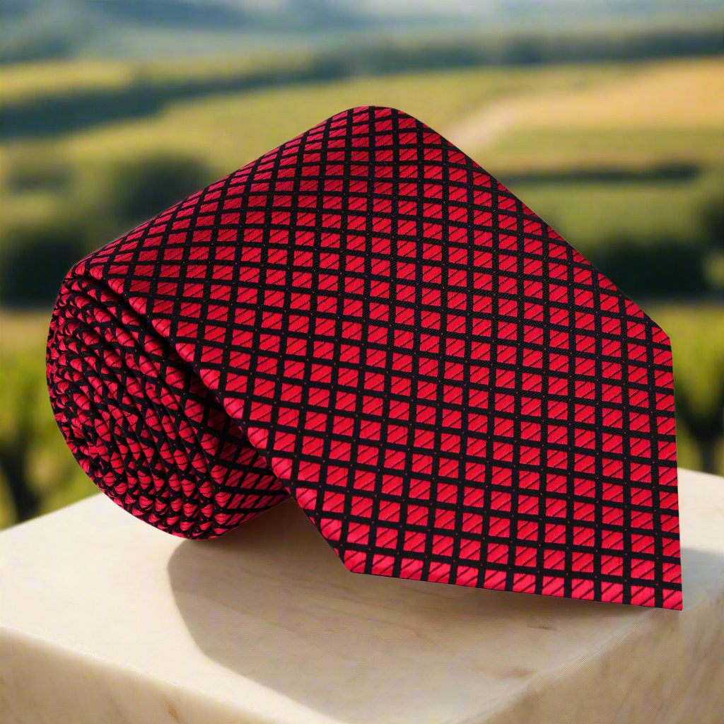 A Red, Black Small Check Pattern Silk Necktie