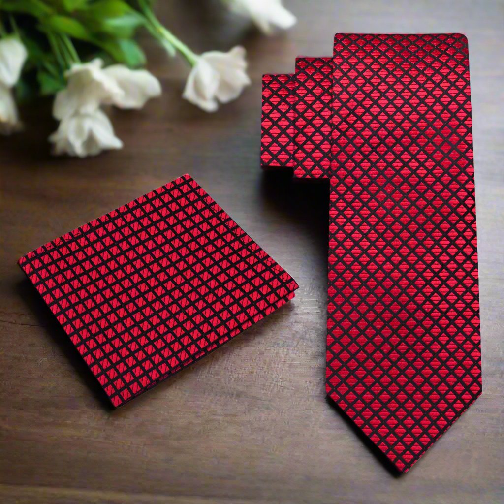 Alt View: A Red, Black Small Check Pattern Silk Necktie, Matching Pocket Square