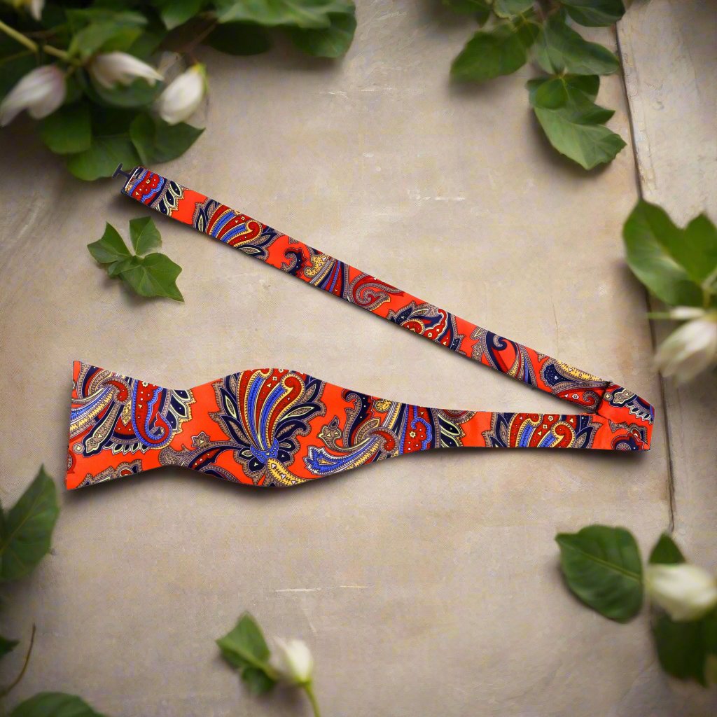 A Red, Blue, Yellow Floral Pattern Silk Self Tie Bow Tie Untied