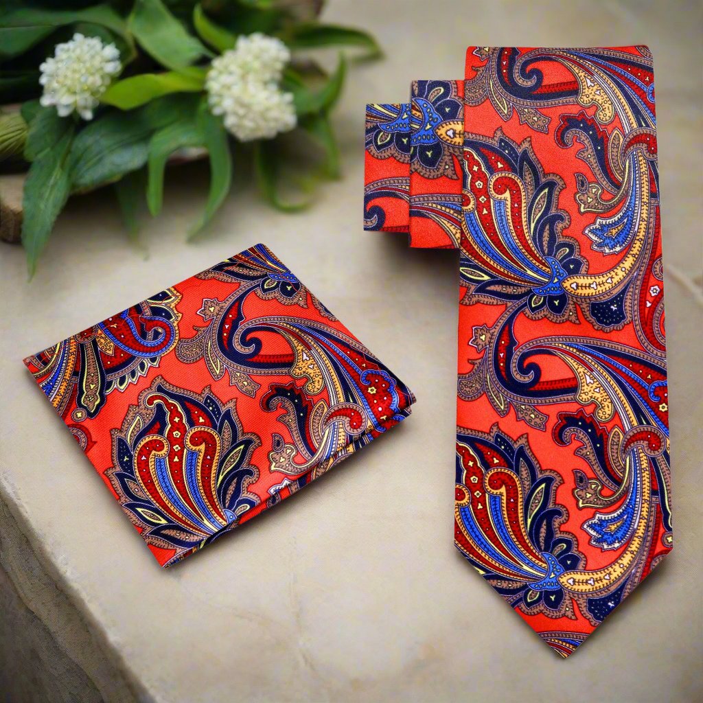 Alt View: A Red, Blue, Yellow Floral Pattern Silk Necktie, Matching Pocket Square