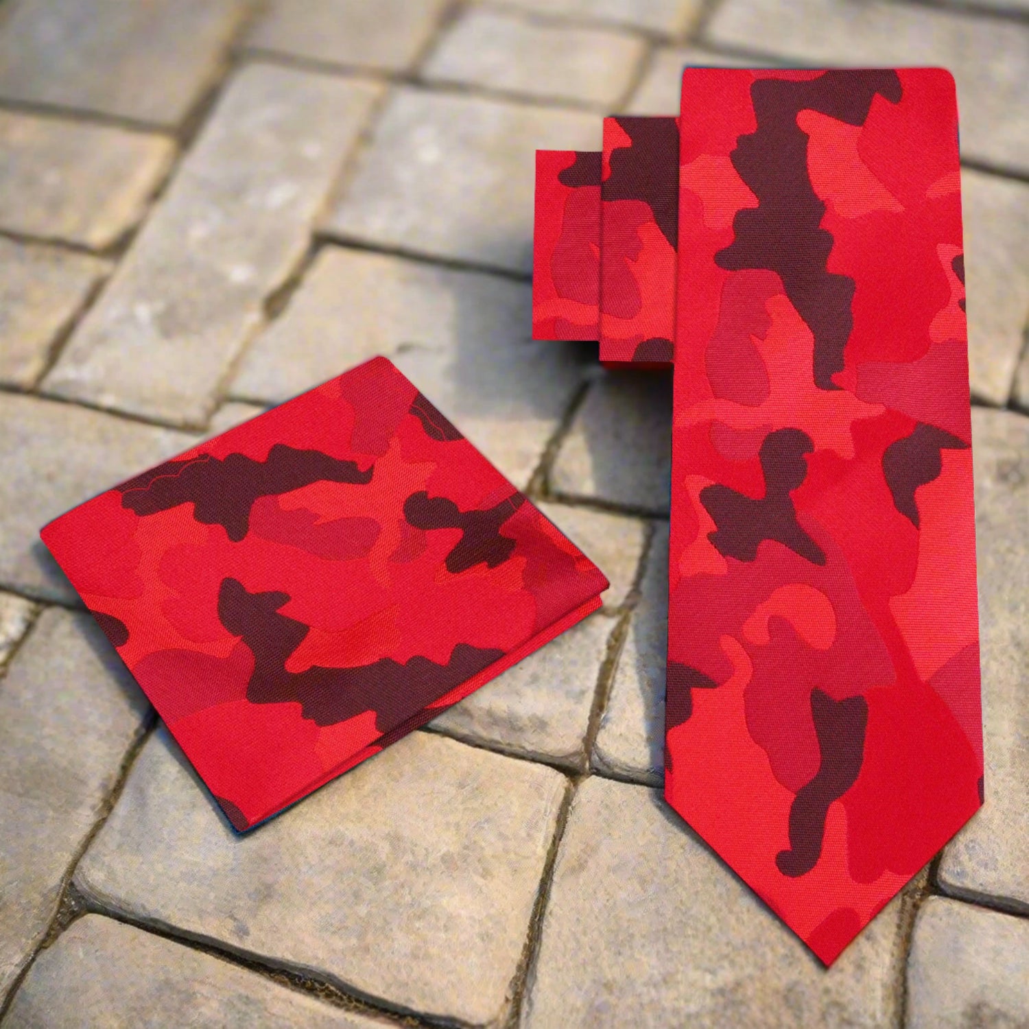 Alt View: A Red, Light Red, Black Color Camouflage Fleck Pattern Necktie, Matching Pocket Square