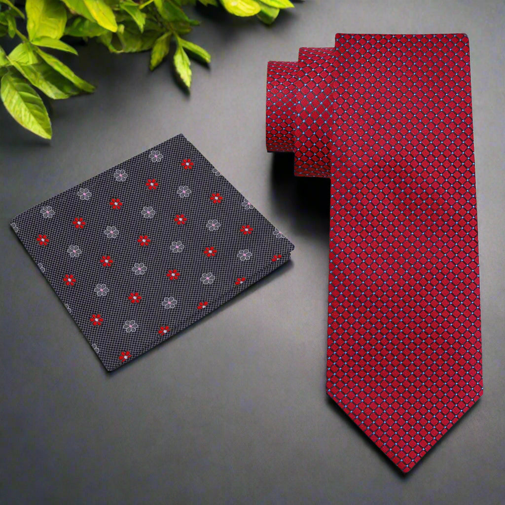 Alt View: A Burgundy Small Geometric Diamond With Small Dots Pattern Necktie With Grey, Red Floral Pocket Square