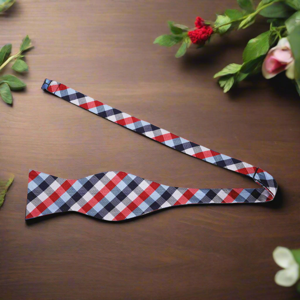 A Red, White, Blue Geometric Check Pattern Silk Self Tie Bow Tie Untied
