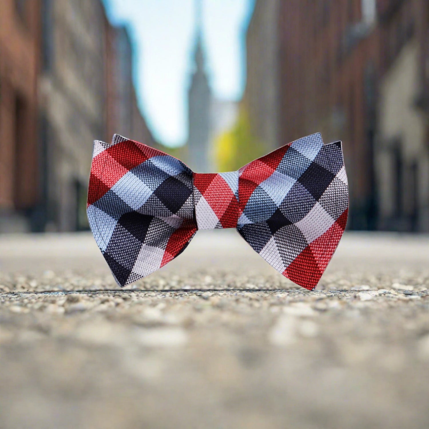 A Red, White, Blue Geometric Check Pattern Silk Self Tie Bow Tie