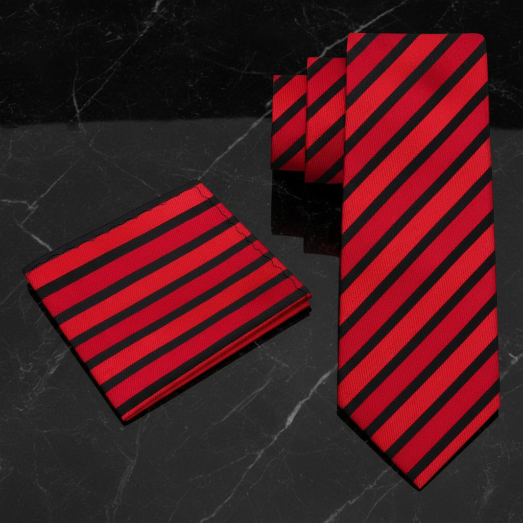 Alt View: A Red And Black Striped Pattern Necktie With Matching Pocket Square