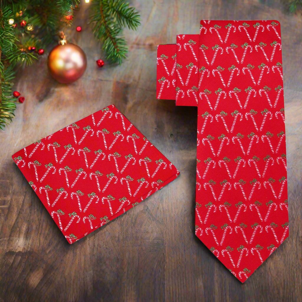 Alt View: Red, Green, White Candy Cane Silk Necktie And Pocket Square