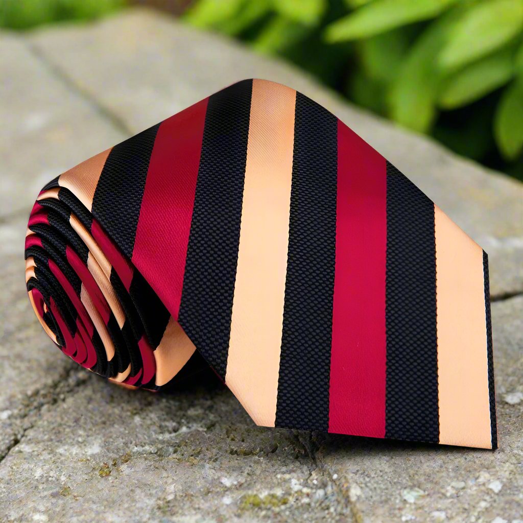 Gold, Black, Burgundy Stripe Tie