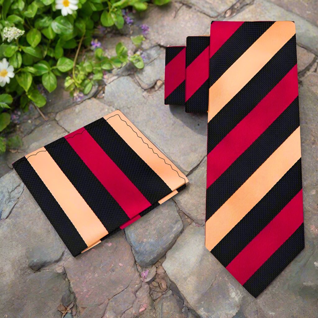 Alt View: Gold, Black, Burgundy Stripe Tie and Pocket Square