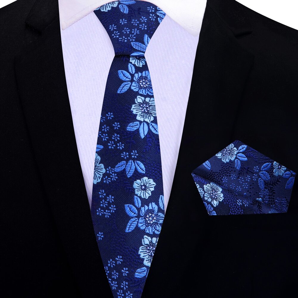Shades of Blue Floral Thin Tie and Pocket Square||Blue