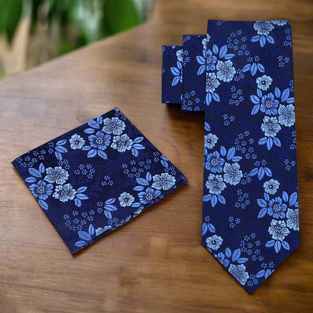 Alt View: Shades of Blue Floral Tie and Pocket Square