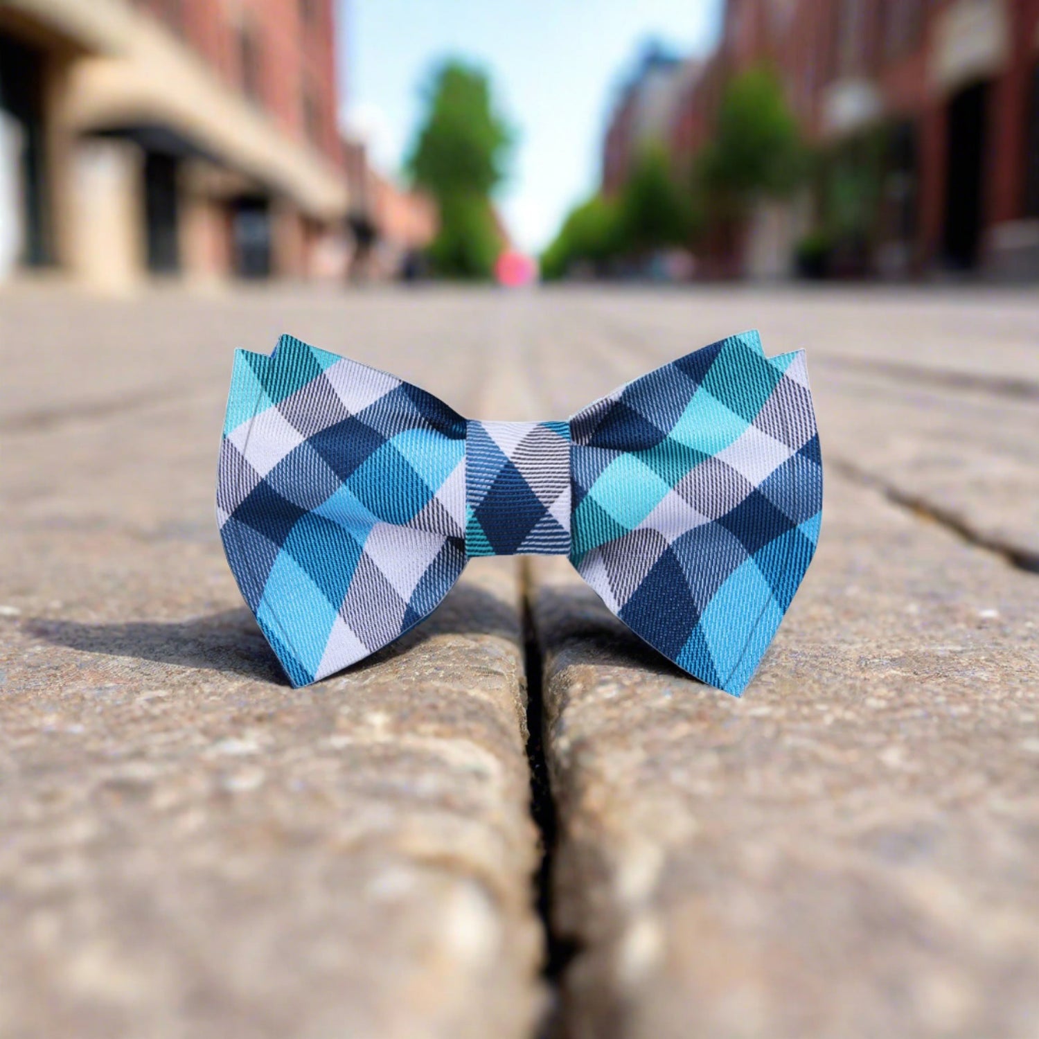 A Light Blue, White Geometric Check Pattern Silk Self Tie Bow Tie