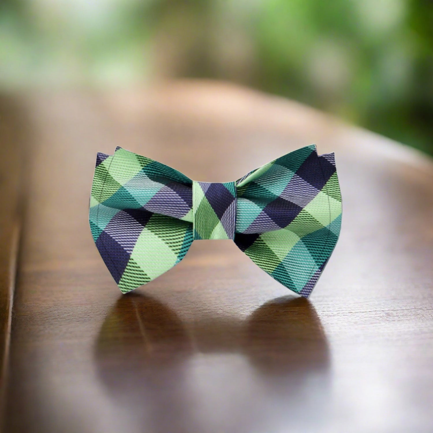 A Green, Dark Green, Blue Geometric Check Pattern Silk Self Tie Bow Tie