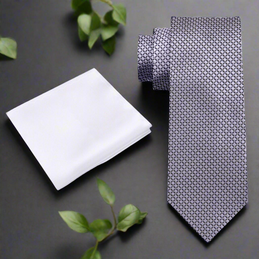Alt View: A Light Grey Small Geometric Diamond With Small Dots Pattern Necktie With Solid White Pocket Square