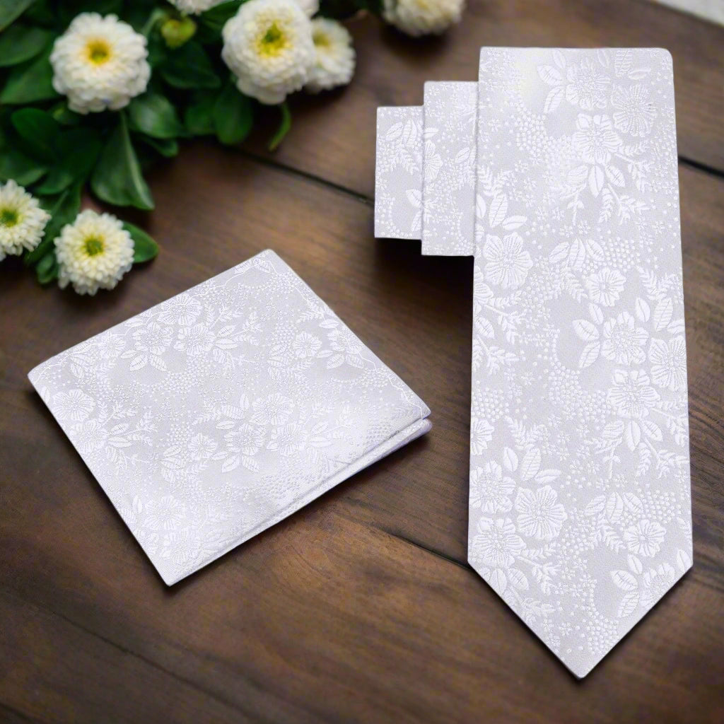 Alt View: White Floral Tie and Pocket Square