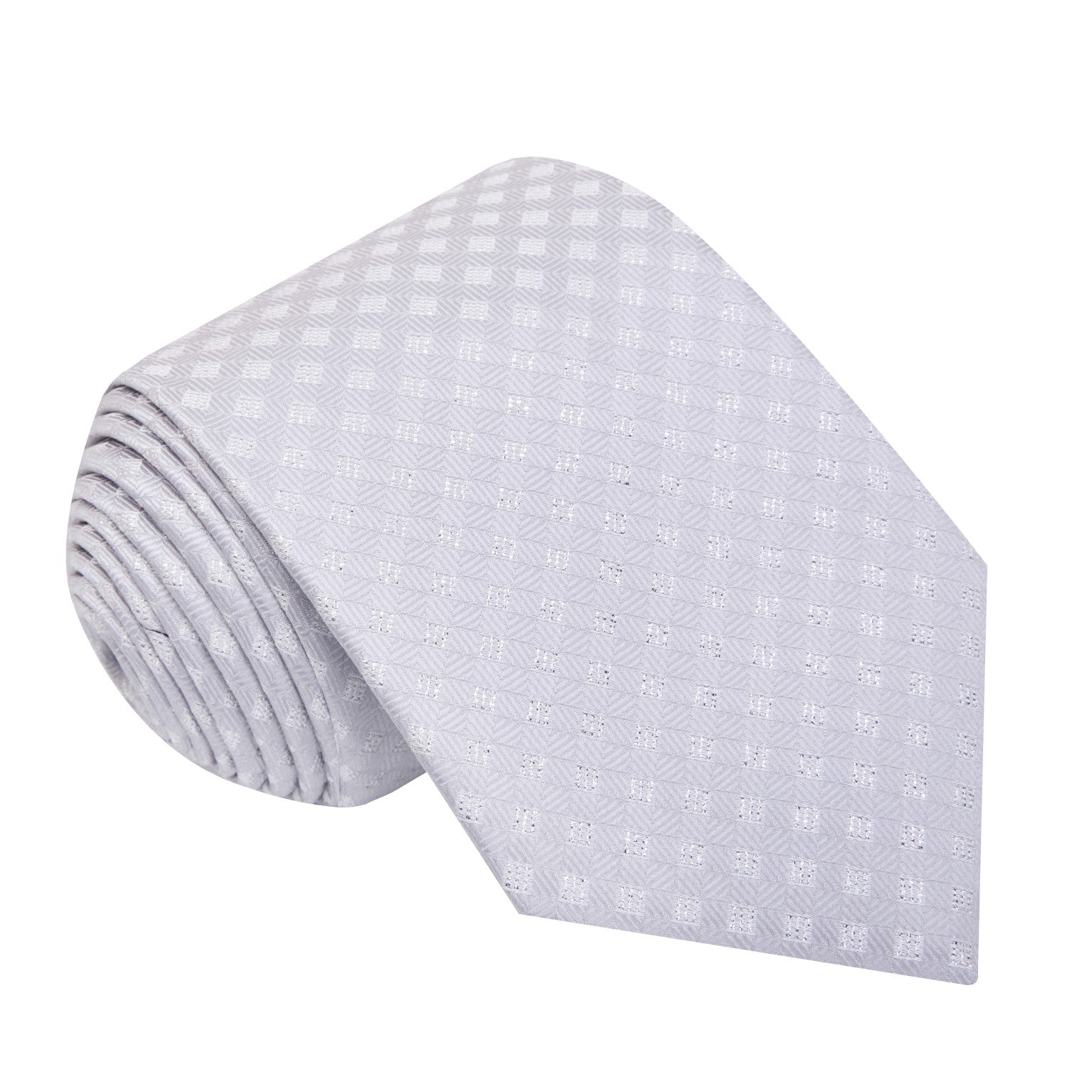 A Platinum Colored Tie With Metallic Looking Check Accent Pattern Silk Necktie  