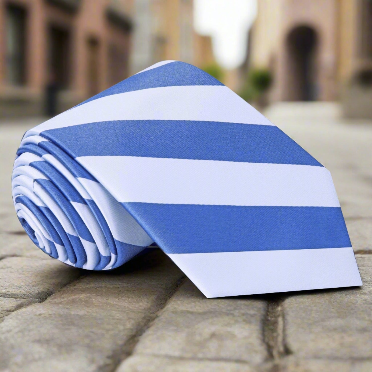 Blue and white block stripe tie