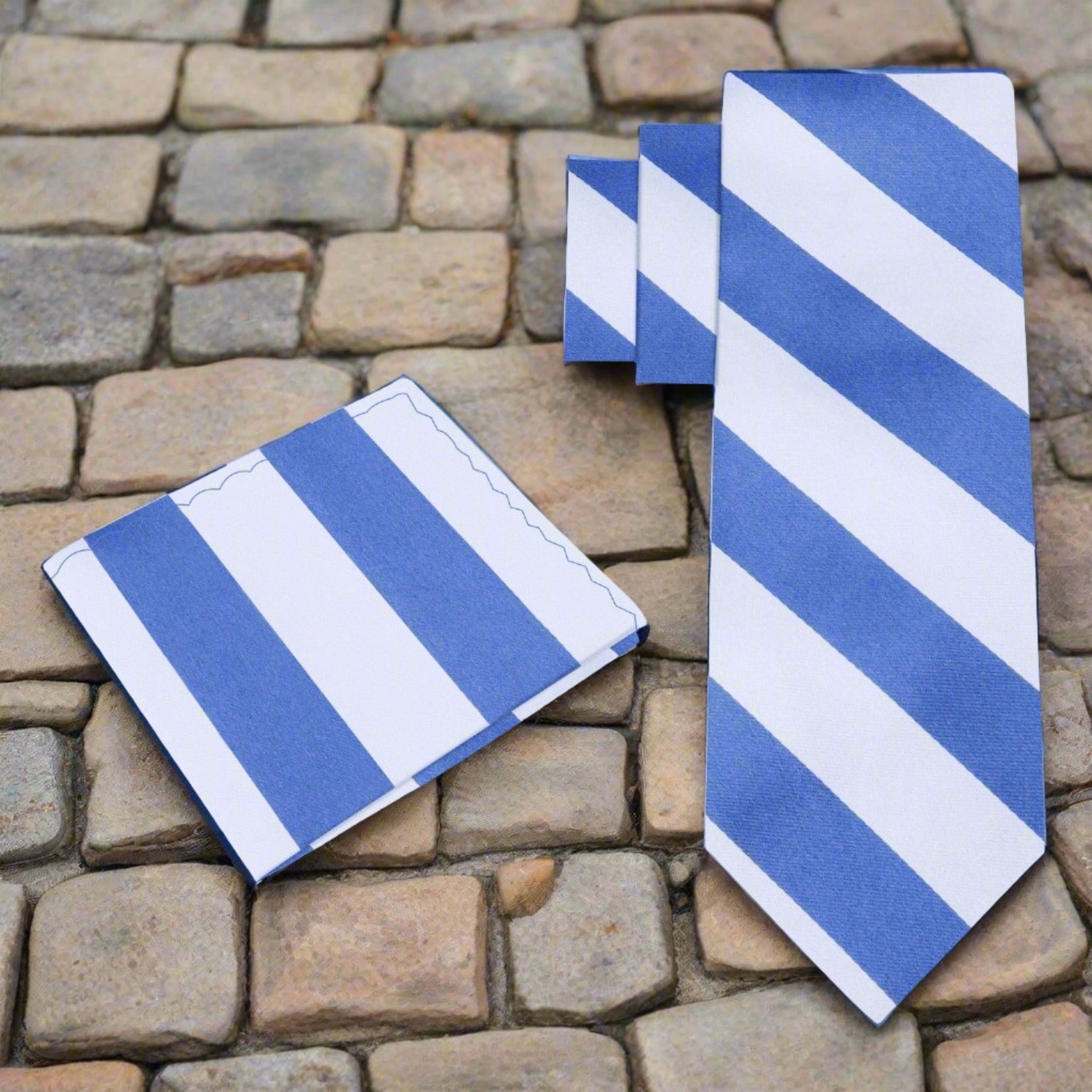 View 2: Blue and white block stripe tie and square
