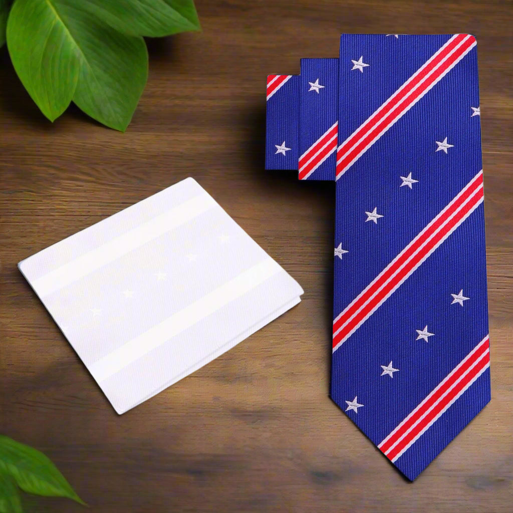 Alt View: Blue, Red, White Stars and Stripes Tie and Pocket Square