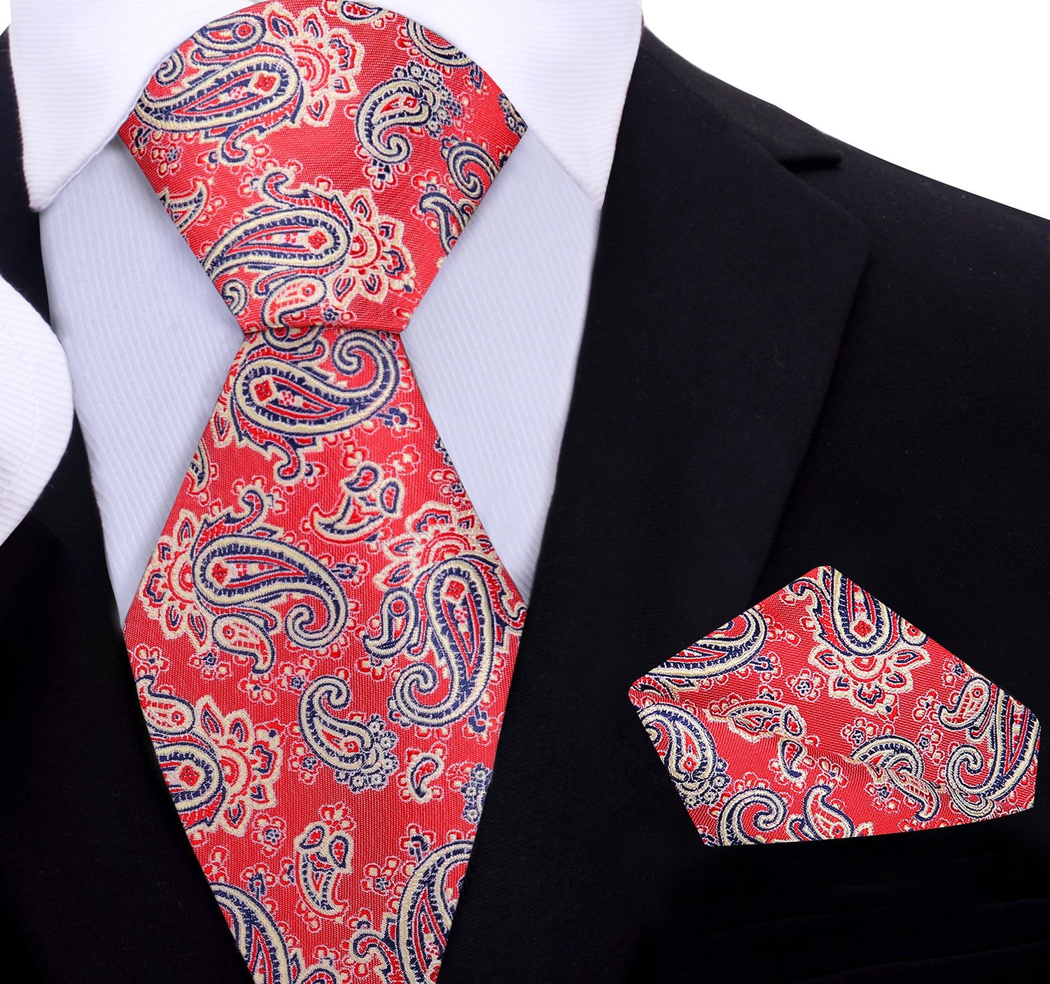 A Red, Gold, Black Paisley Pattern Silk Necktie, Matching Pocket Square