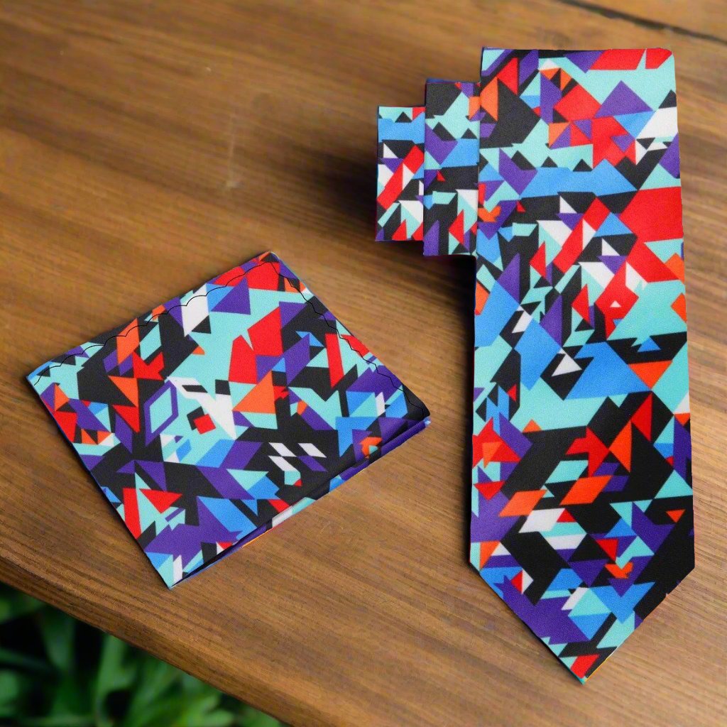 Alt View: Multi Color Abstract Shapes Tie and Pocket Square