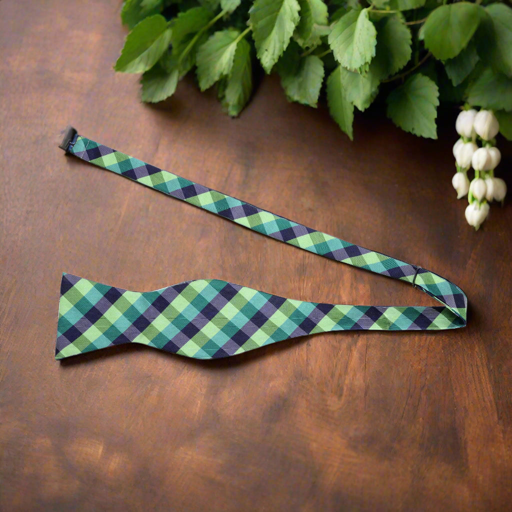 Untied: A Green, Dark Green, Blue Geometric Check Pattern Silk Self Tie Bow Tie