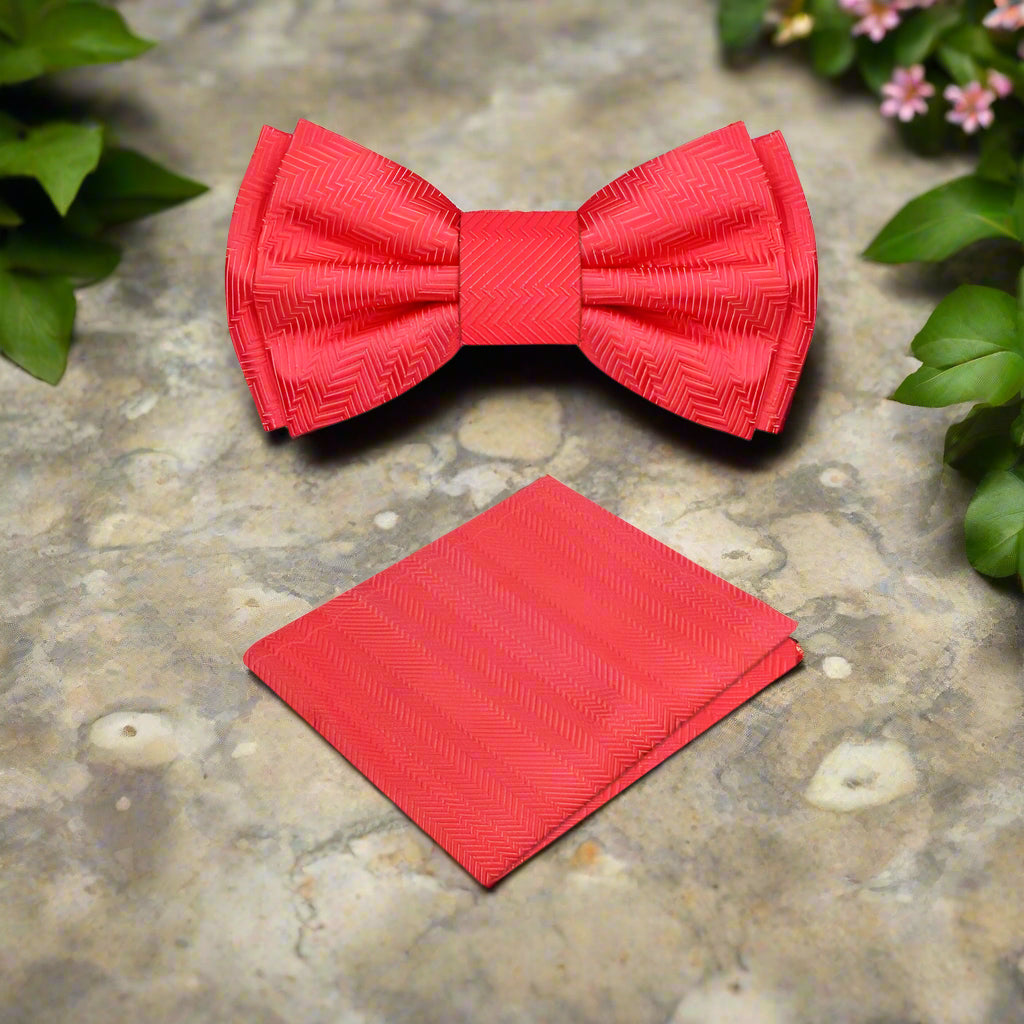 A Coral Solid Pattern Self Tie Bow Tie, Matching Pocket Square||Vibrant Coral