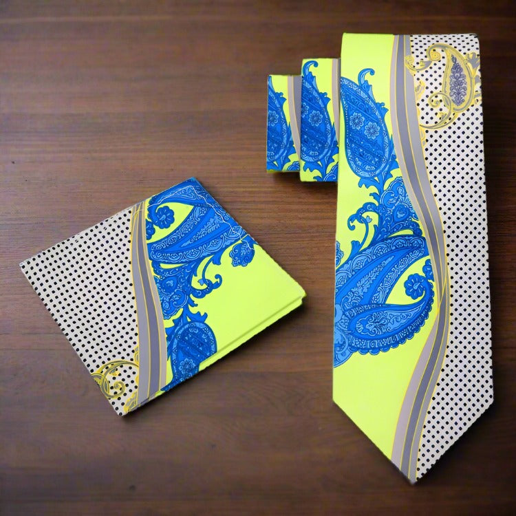 Alt view: Lime Green, Blue and Off-white abstract paisley tie and square