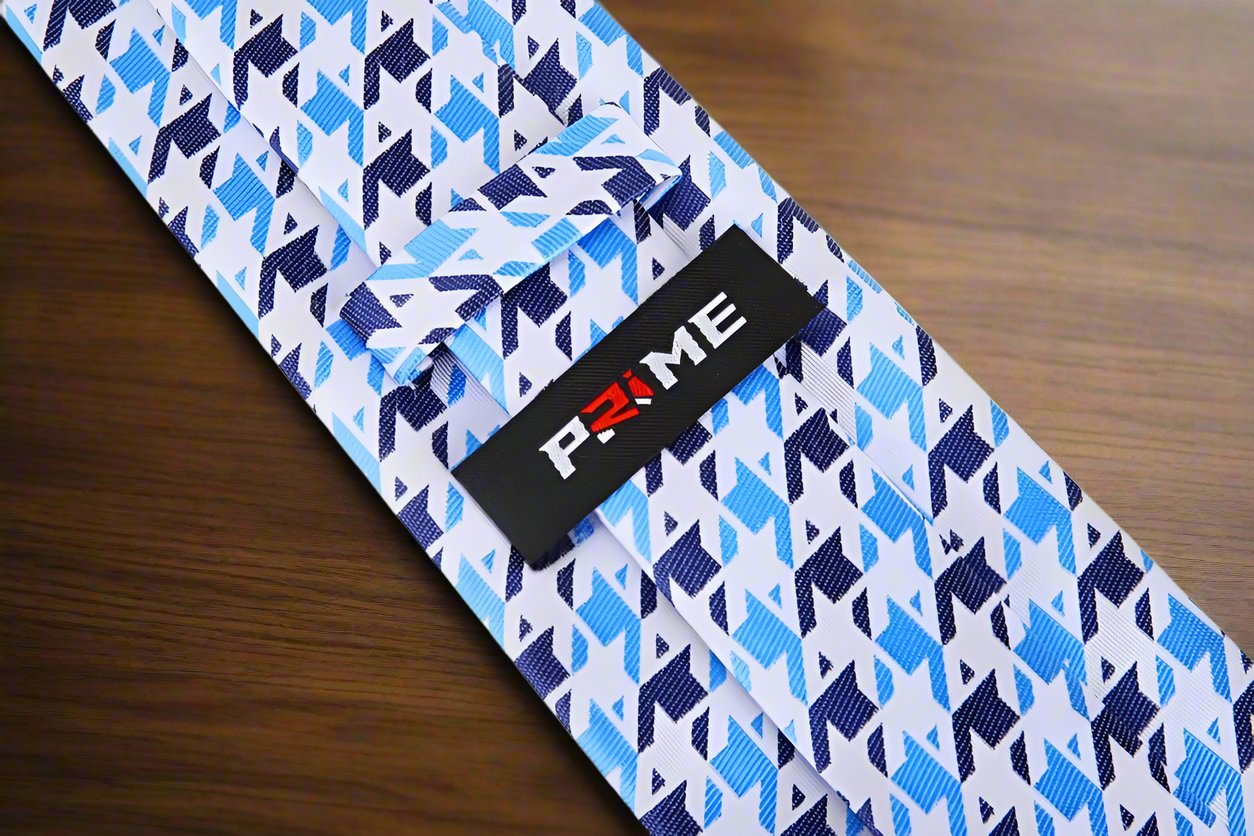 Blue, Light Blue, White Geometric Tie Showing PRIME Logo