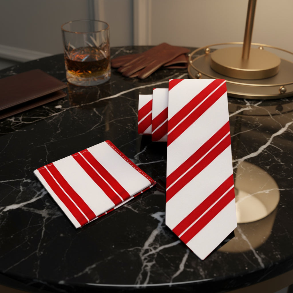 Alt View: White with Red Stripe Tie and Pocket Square