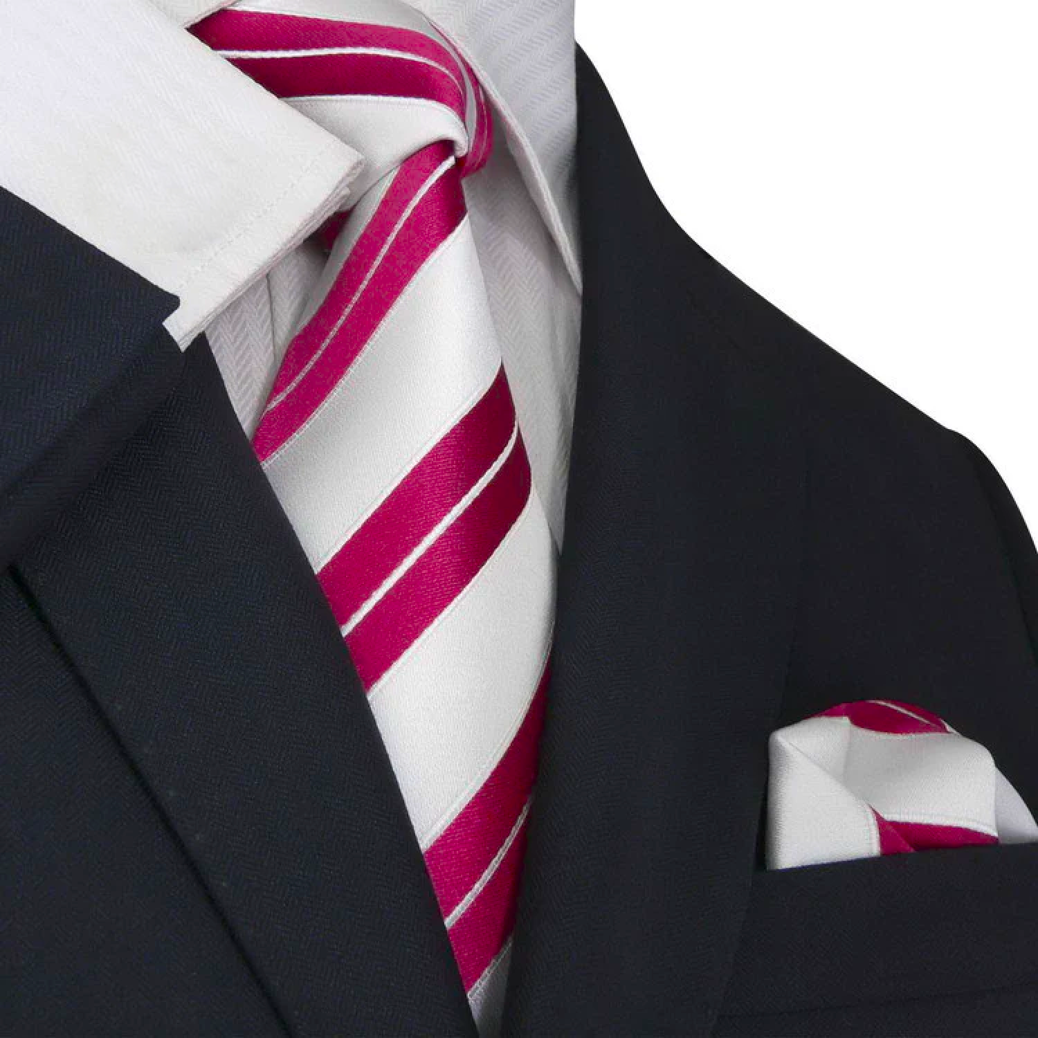 White with Red Stripe Tie and Pocket Square