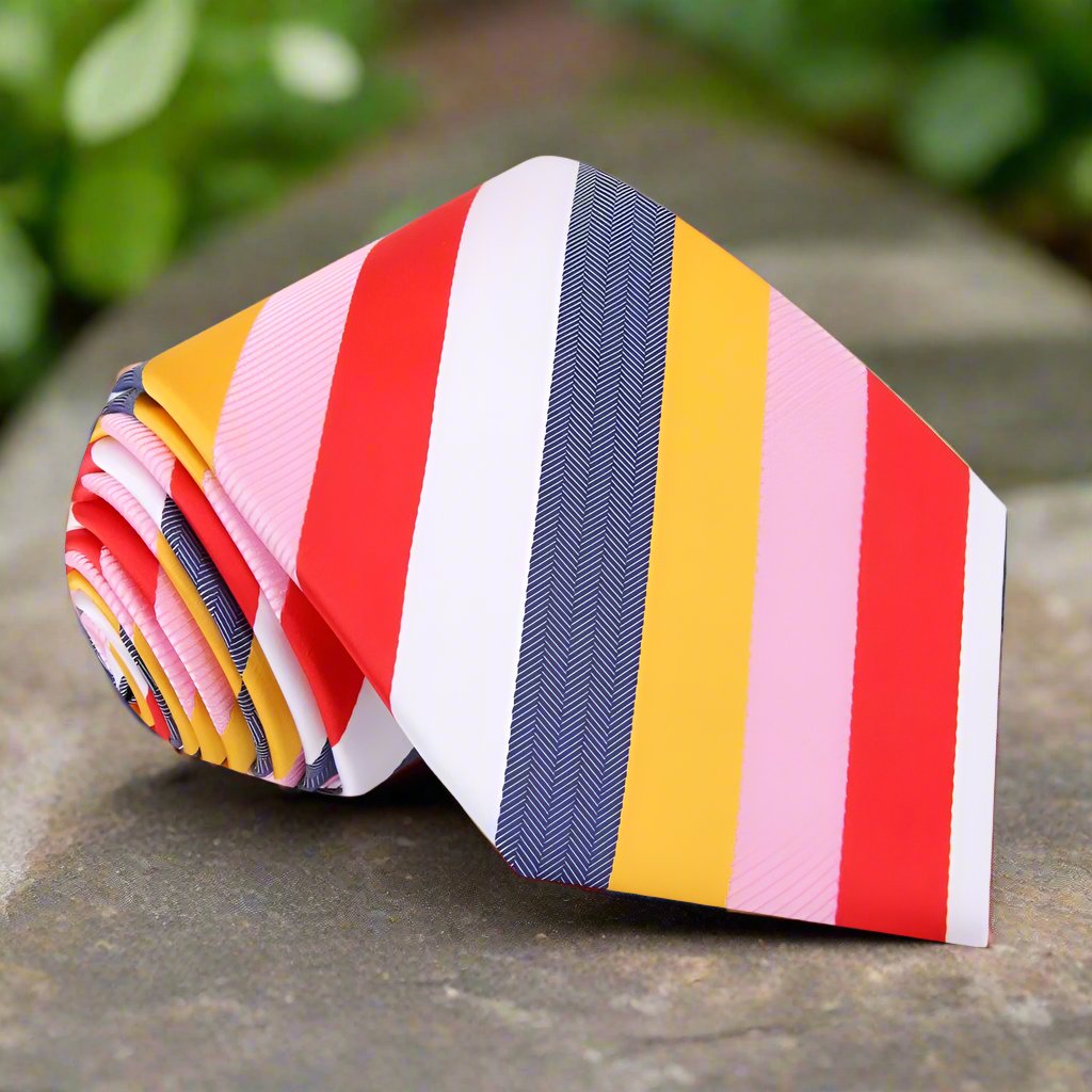 Yellow, White, Pink, Red Stripe Tie