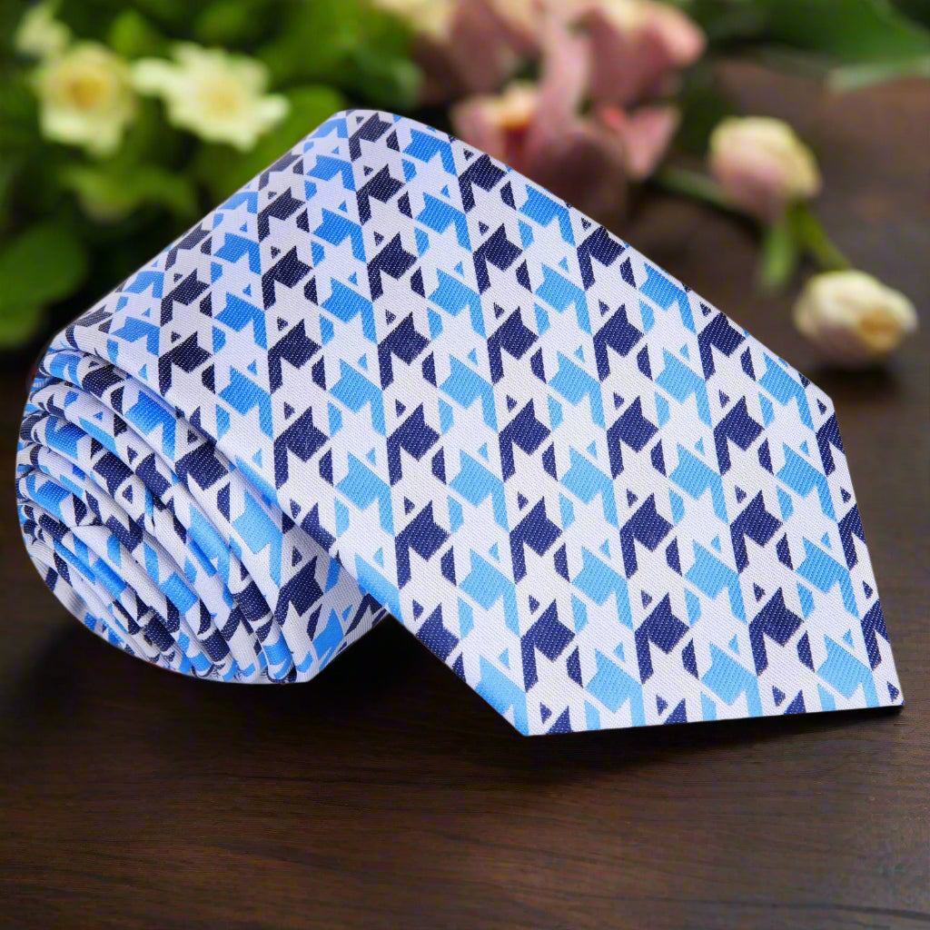Blue, Light Blue, White Geometric Tie