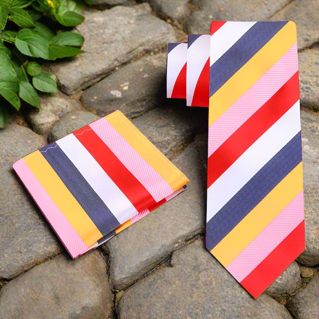 white, red, yellow stripe tie and handkerchief