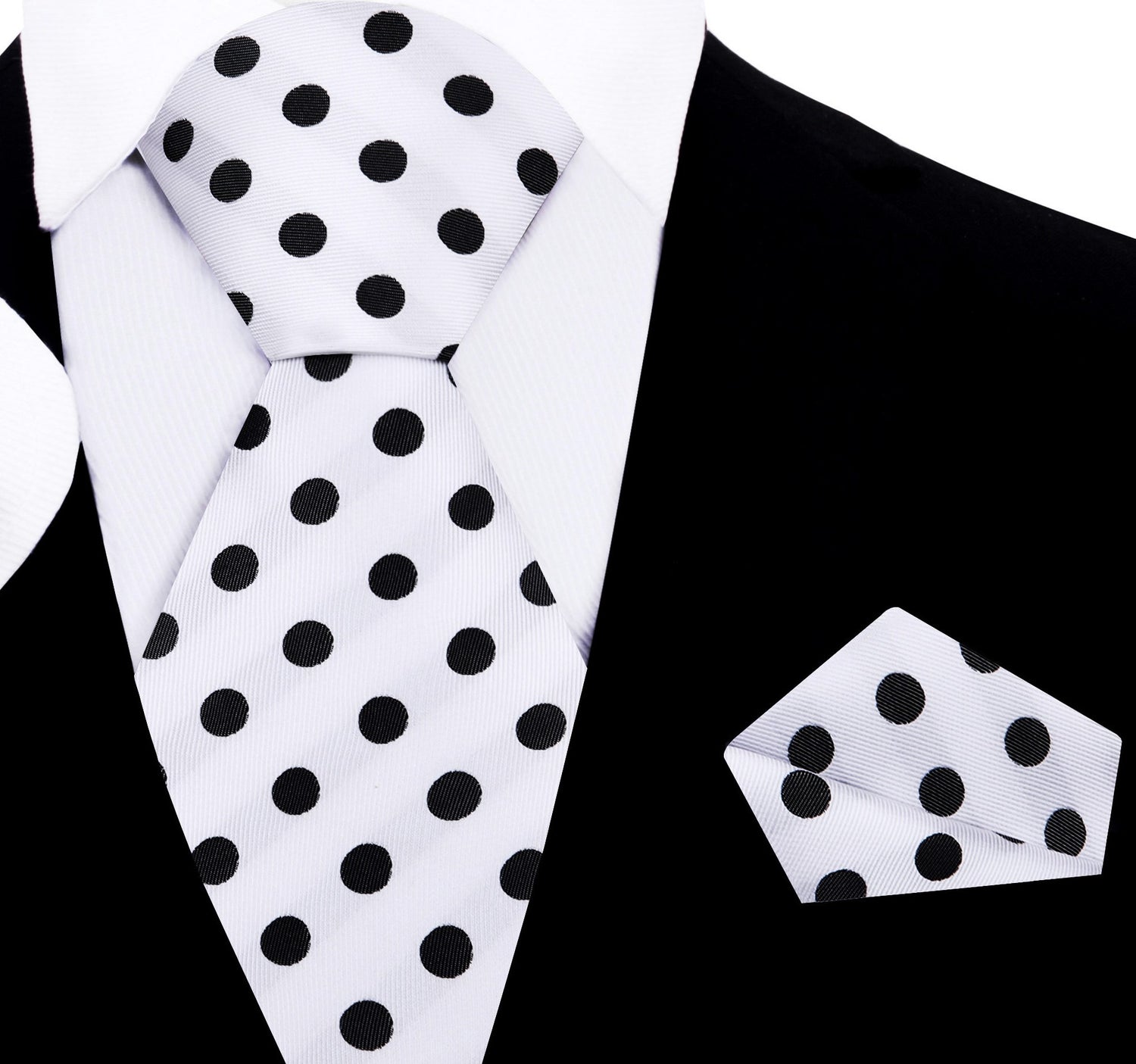 A Off-White, Black Polka Dot Pattern Necktie, Matching Pocket Square