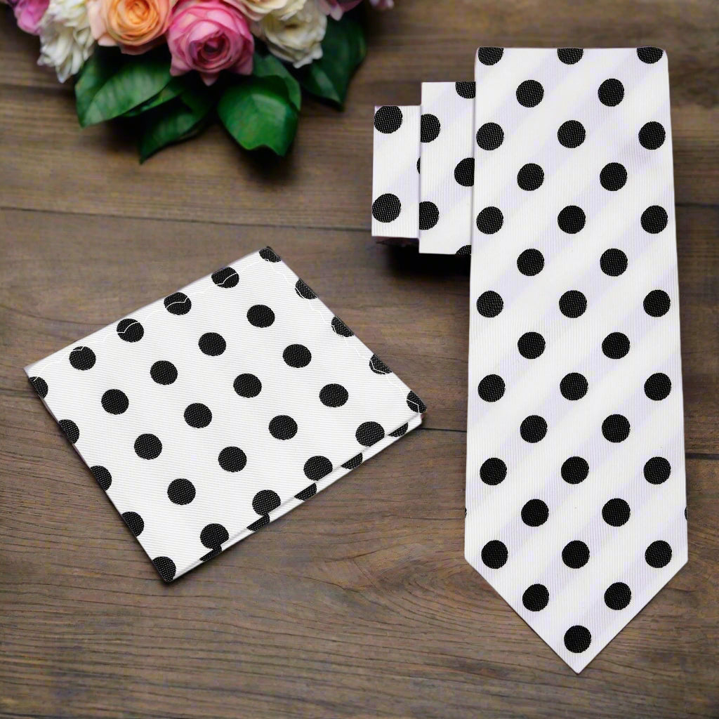 Alt View: A Off-White, Black Polka Dot Pattern Necktie, Matching Pocket Square