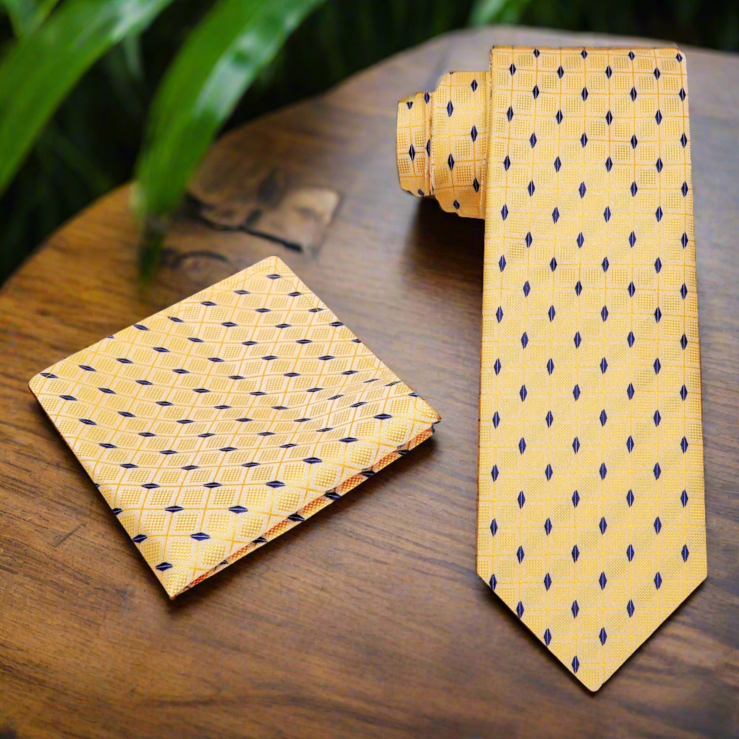Alt View: Yellow and Blue Geometric Tie and Pocket Square
