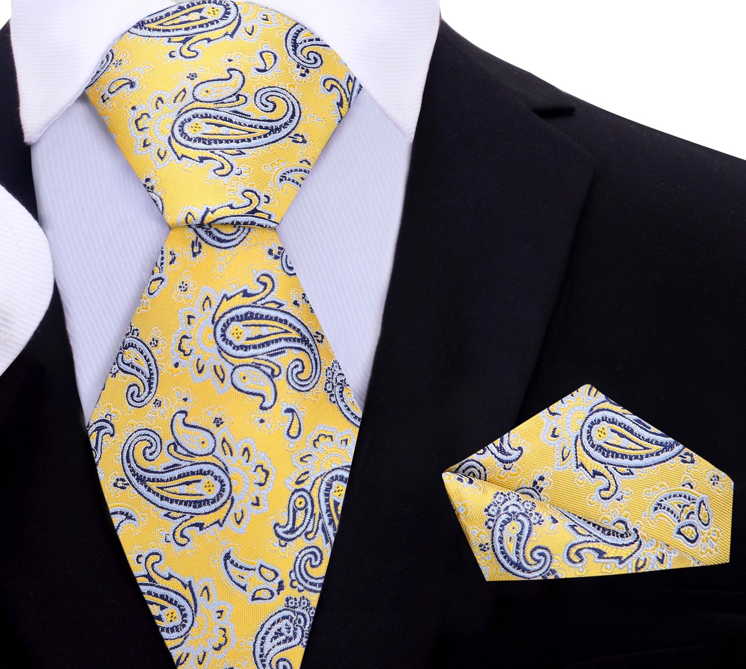 A Yellow, Light Blue, Black, White Paisley Pattern Necktie, Matching Pocket Square