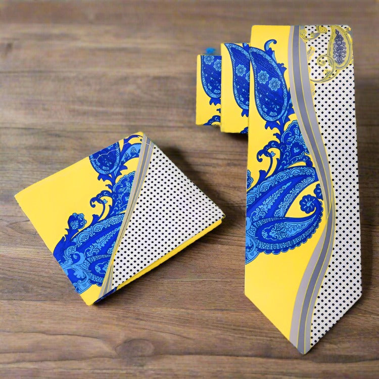 Alt View: Blue, Yellow, Off-white, Black Paisley Tie and square