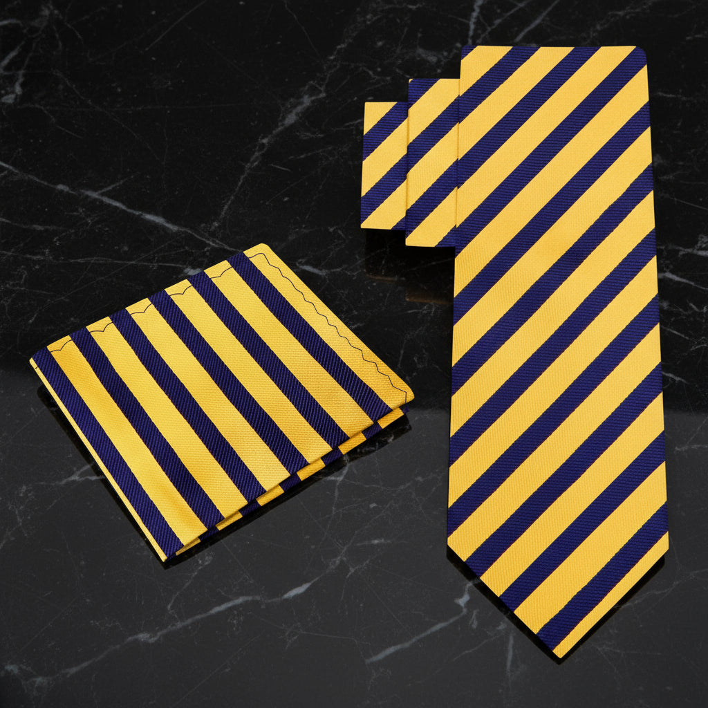 Yellow and Blue Stripe Tie and Pocket Square