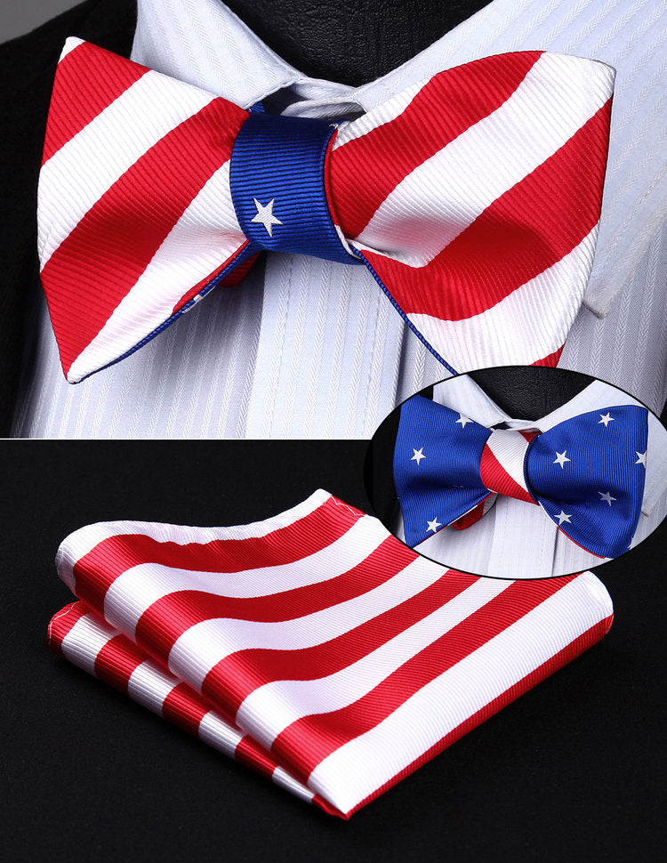 A Red, White, Blue Stars and Stripes Pattern Silk Self Tie Bow Tie, Matching Pocket Square and Cuff-links.||America!