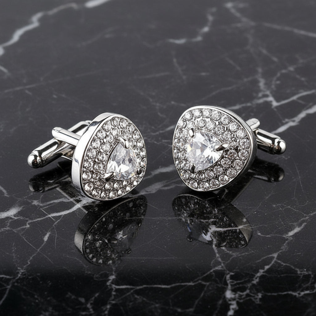A Silver, Clear Color Diamond Shape Cuff-links