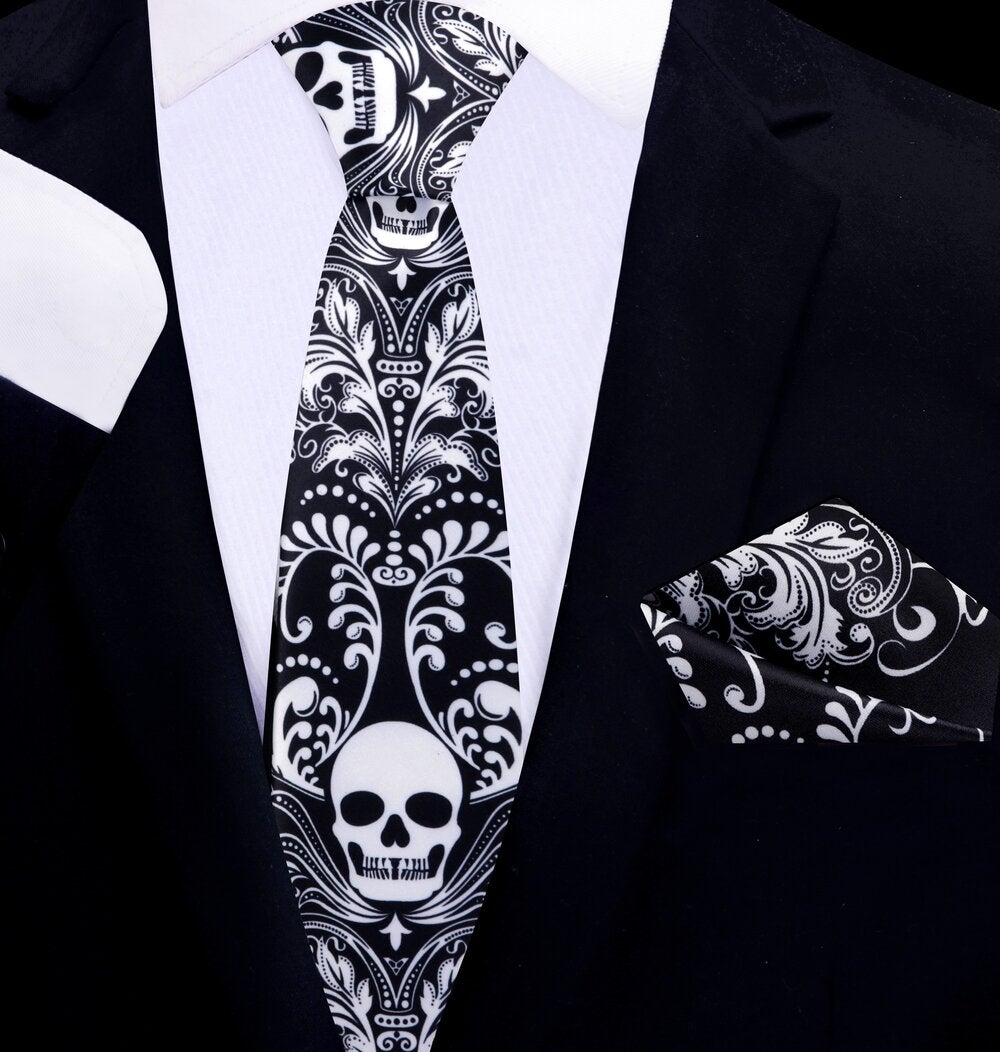 thin tie Black Light Grey Skull Tie set