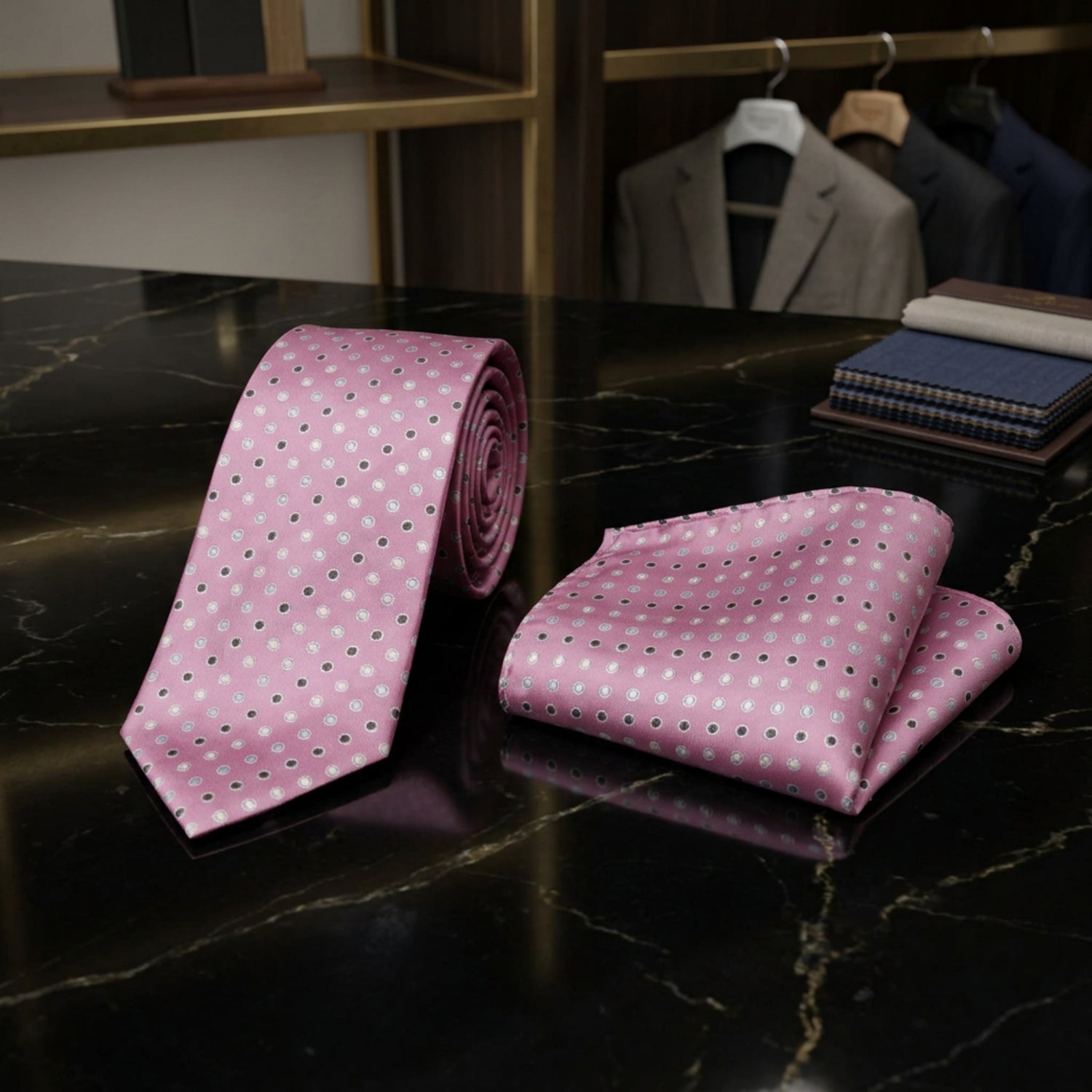 Dusty Pink Necktie with Blue, White and Black Polka Dots