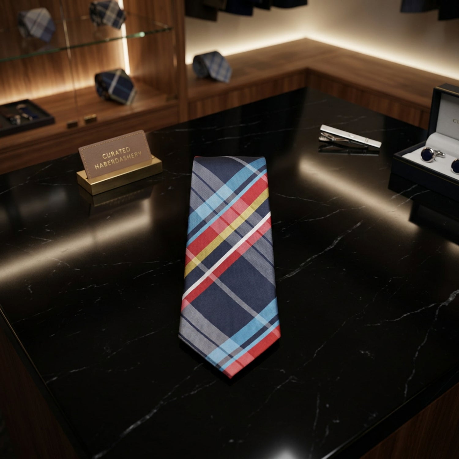 Navy Plaid Necktie with Red, Blue and Yellow Accents
